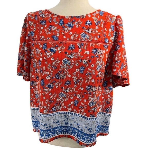 3/$27 June & Hudson Short Sleeve Blouse in Blue & Orange Floral, size Medium - Picture 1 of 10